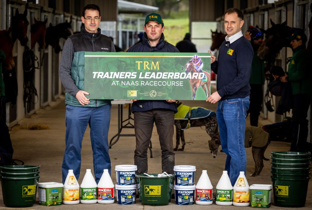 Eamonn McEvoy, Naas Racecourse General Manager, Micahel O'Callaghan, Trainer and Enda Kelly, CCO of TRM launch the 2024 TRM Trainers League at N