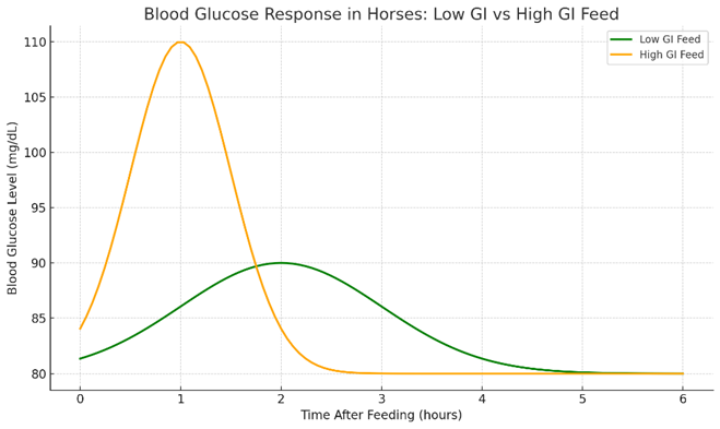 Chart containing Blood Glucose Response in Horses: Low GI vs High GI Feed. Low GI line in green show a lower blood glocose level that lasts longer than the yellow line for high GI showing a spike of energy and a quick fall shortly after.