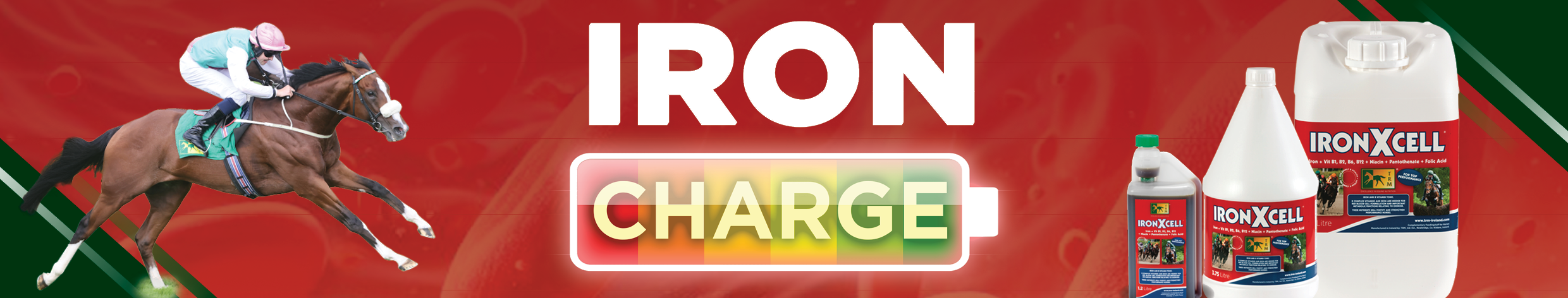 Iron charge with IronXcell - ad showing a racehorse and IronXcell product range.